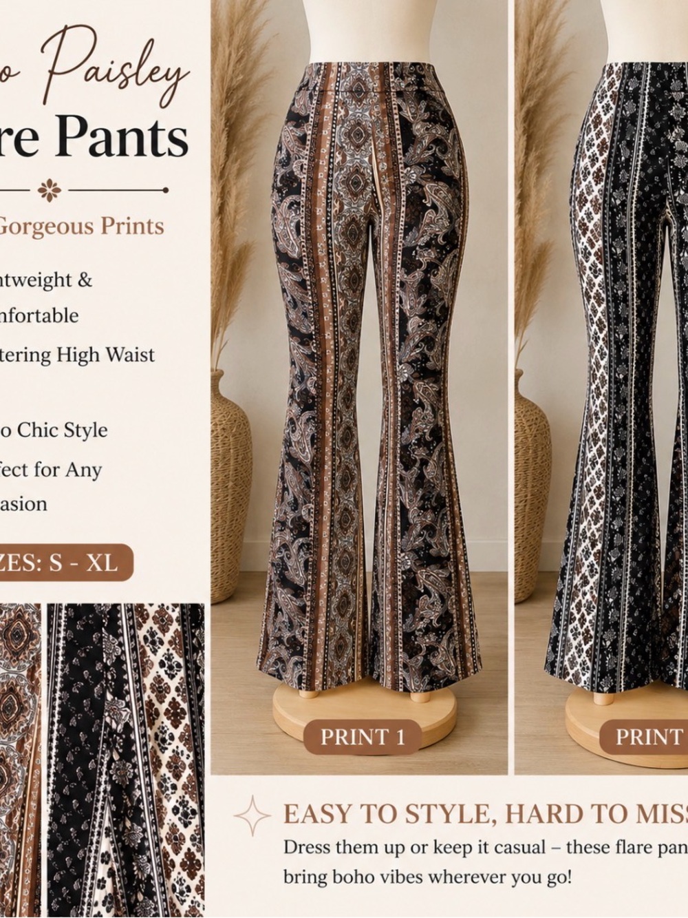 High-Waist Boho Paisley Flare Pants - Brown & Black